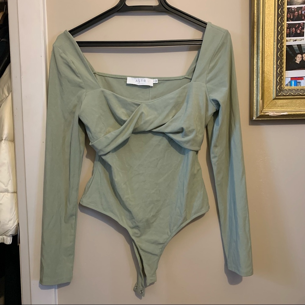 Astr Sage Green Long Sleeve Twist Front Bodysuit